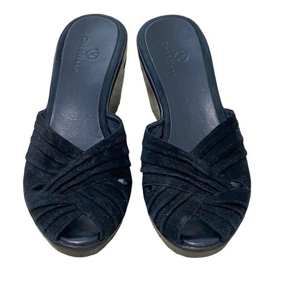 Women’s Cole Haan Nike Air Sandals Size 6 Wedge Heel Open Toe Shoes Black Suede - Picture 3 of 9